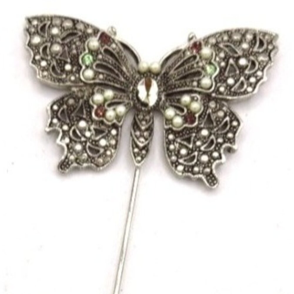 Vintage Butterfly Stick Pin, Seed Pearls, Marcasite - Picture 3 of 4